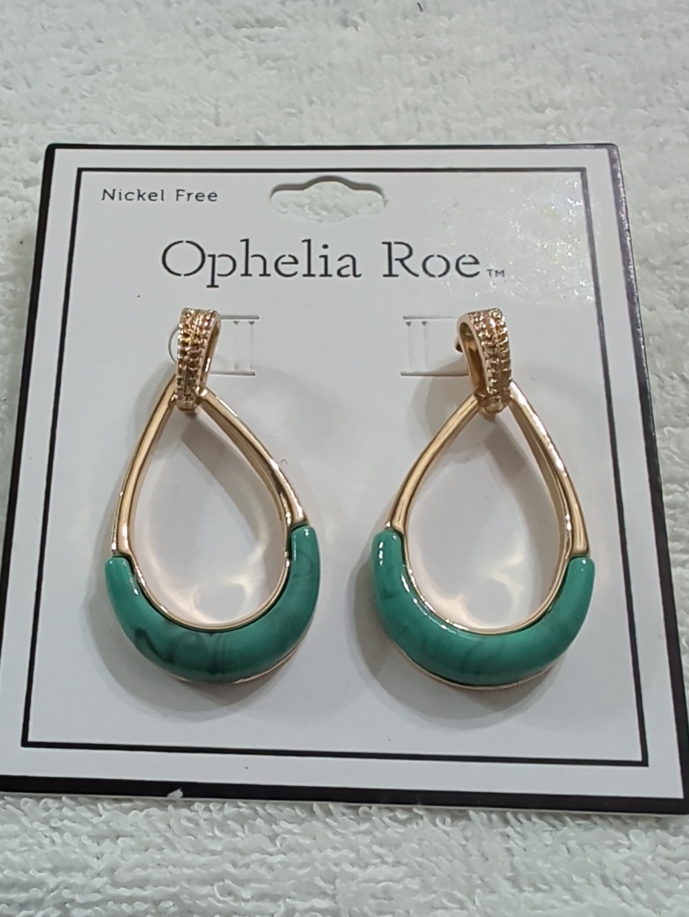 NWT Ophelia Roe Gold Tone Teardrop Dangle Earrings With Teal Marbled Accents